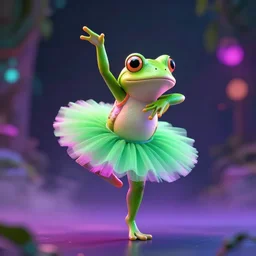 a frog dancing ballet, artstation award winner, digital art,  volumetric lighting, neon colors, smoke, bokeh lights ,short telephoto, octane render, highly detailed n-3