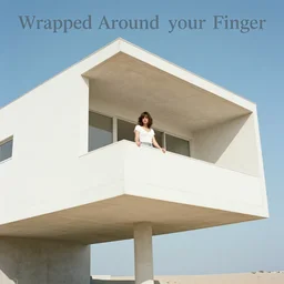 a still of a young woman standing on a huge concrete white balcony, high above the ground, of a minimalist brutalist beach house, outside view, angle, clear sky and background, in the music video Wrapped Around your Finger (1983)