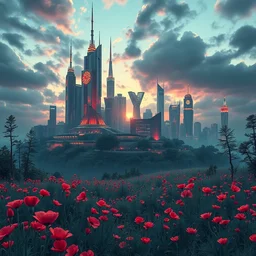 architecture by marina tabassum, synthwave evil apocalyptic architecture island poppy liberty city made of glass assassin's creed flowers infrared bioshock laser retro at dawn wilderness reclaimed by nature partly cloudy night at dusk uv light hyperrealism water postcyberpunk meadow, archdaily, wallpaper, highly detailed, trending on artstation.