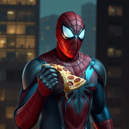 spiderman eating pizza with his mouth showing as his face mask is up to show it. he is standing on a building and is well lit.