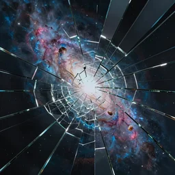 cracked mirror multiverse with nebula reflecting off the shards of the mirror, hyperrealistic, hd, cinematic