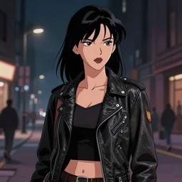 slender young woman in leather jacket in dim city street,  highly detailed Ralph Bakshi cartoon artstyle