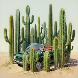 concept art for a convertible full of cactuses, painted by syd mead, high quality
