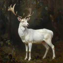an oil painting of the king of the forest: a white stag, beautiful, fantasy, hyper realistic, dramatic lighting