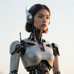 beautiful Fine art photography of a solarpunk part robot part human girl with real human face and reap torso, white background, highly detailed, medium shot, photorealism, sunset lighting 8k