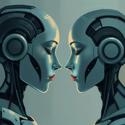 a digital painting depicting a two ai android facing each other while their eyes are closed, cubism, futurism - h 7 6 8