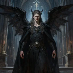 Super realistic painting of Lucifer Morningstar in a cathedral , 4K , dark occult ,  art by Archangel