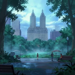 a film still of central park from Tekkonkinkreet by Ian McQue , vibrant, cold, misty and wet, 50mm lens, video game environment design, 2d game lineart behance hd, dramatic lighting, global illumination, trending on Artstation, bloom