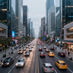 traffic scene of modern city, global illumination, ue 5, octane render, high detailed, futuristic, sci - fi