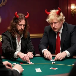 jesus playing poker with boris johnson in a devil costume, photorealistic, ultra high detail, 8 k