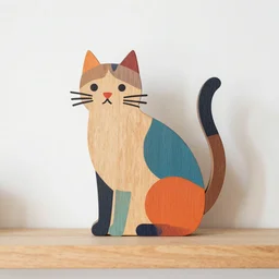 wooden cat art toy wood cut out with painted colors standing on shelf