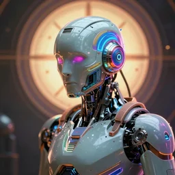 hyperdetailed masterpiece portrait of a cyberpunk robot, cyborg covered in colorful glowing holy geometry and chakras, cables and tubes from the ears, symmetrical, 8 k, halluzinogenic