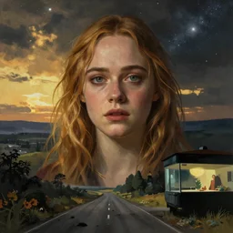 Elle Fanning in the painted world of The Road, head and shoulders masterpiece, apocalypse, golden hour, cosmic horror, artstation, in the style of Andrew Wyeth and Edward Hopper and Bosch, extremely detailed