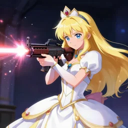 princess anime girl and her laser rifle, shooting laser