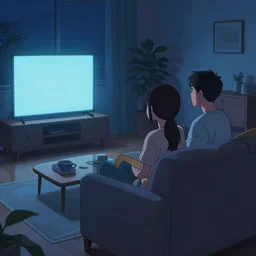 a couple sitting on a sofa watching tv in a living room at night, chillwave, nightscape, featured on tumblr, anime illustration