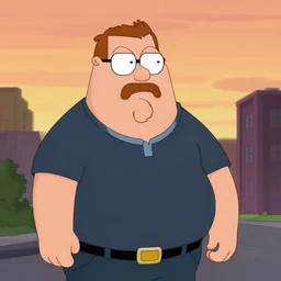Walter White in the style of family guy in a sunset scene