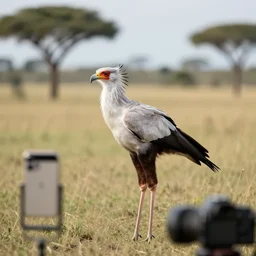 zoomed out picture of secretary bird in savannah, captured on iphone, dlsr, photography