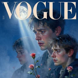 3 d, sci - fi, close - up, small roses, winter, man esthete with disgust face, moon rays, fog, multiple exposure, blue mood, cinematic, vogue cover style, poster art, intricate oil painting, high detail illustration, figurative art, poster art, by tooth wu and wlop and beeple and greg rutkowski