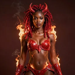 african queen, red afro dreadlocks on fire, electrified body, beautiful face, beautiful body, beautiful midriff, red demon armor, inspired by artgerm