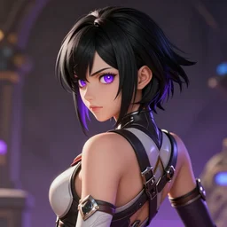 highly detailed, digital art, pixiv fanbox, trending on artstation, ray tracing, volumetric lighting, sharp focus, hq, overwatch style rogue pirate female character, short messy black hair with bangs and violet eyes, back view, arcane, by artgerm, wlop, greg rutkowski, miyazaki hayao