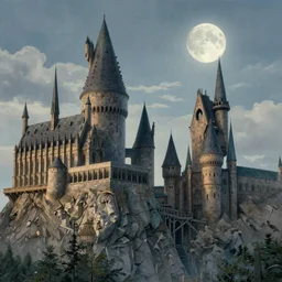Hogwarts, monumental, old ruins tower, by Simon Stålenhag, moon, clouds, mist, Zhangjiajie in early morning, light and shadow, Shin-hanga by Thomas Kinkade and Bob Ross, traditional Japanese colors, superior quality, masterpiece, featured, trending, award winning, HDR, HD, UHD, 4K, 8K, anamorphic widescreen