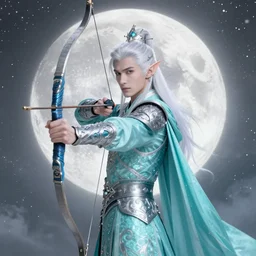 half length portrait of a handsome male snow elf in a turquoise cape and silver ornate armour as an archer, albino skin, pale pointed ears, ethereal opalescent mist, moonlight snow, perfect face, elegant, very coherent symmetrical artwork, atmospheric lighting, rule of thirds, by wenjun lin, krenz cushart, charlie bowater, trending on artstation