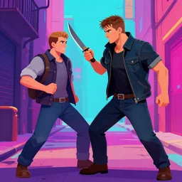 todd howard with a switchblade in a alleyway, forcing you to buy skyrim, threatening, sharp, cinematic, colorful, digital art, neon, bright, realism, bold