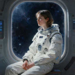 a portrait painting of a young female face by artgerm wearing a relaxed futuristic white space outfit by james jean, sitting at the edge of a spaceship window looking at deep space, sci - fi art masterpiece by greg rutkowski, wenjun lin, unreal engine 5 highly rendered, global illumination, radiant light, detailed and intricate environment