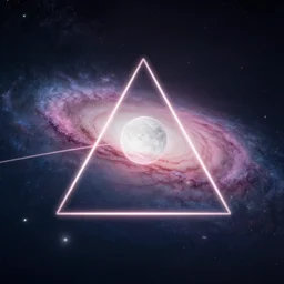 light line triangle in the middle of the galaxy with the moon inside, pink floyd, hyperrealism, centered