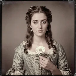 a close up tintype of a beautiful spanish princess with a flower in her hand in a beautiful gown, circa 1 8 5 7