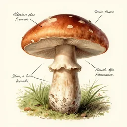 a vintage botanical illustration of a mushroom which looks like vladimir lenin, annotated, highly detailed