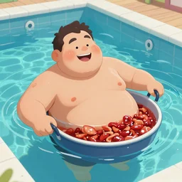 high quality digital art of an overweight man swimming in a pool of poutine