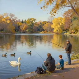prospect park pond, ducks and swans in the water, two men and a boy fishing at the water's edge, clear sky, golden hour, oil painting,