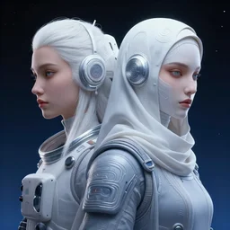 portrait of yael shelbia and kang seul - gi, venus squid astronaut, burka, white hair, intricate design details. cyberpunk symmetrical facial, by ruan jia and beeple. smooth gradients, deep space.