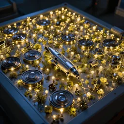 lighting fidgets fills a control panel, highly detailed, render, mini lights, complex, fairy place, aerospace, night, illumination