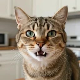cat with walrus tusks, photo taken in kitchen