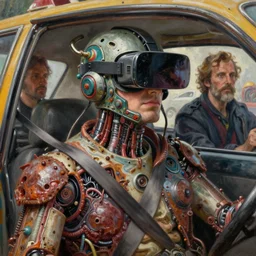 junky men taxi driver, cybertronic gadgets and vr helmet, durty colours, rotten textures, rusty shapes, flesh + technology, biotechnology, norman rockwell, tim hildebrandt, dariusz zawadzki, larry elmore, hyperrealistic oil painting on canvas, deep depth field, cinematic composition, hyper - detailed