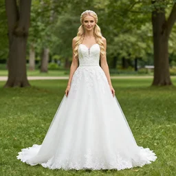 a symmetric and beautiful face, professional full length high definition photo of a young blonde woman with twin tails and wedding dress posing in a park