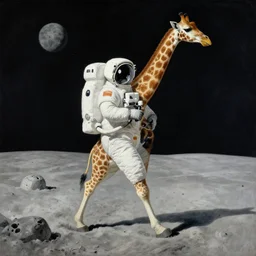 a giraffe astronaut walking on the moon, surreal painting by rene magritte