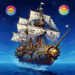 a steampunk ship in the sky above the sea y by takashi murakami,, beeple and james jean, aya takano color style, 4 k, super detailed, night sky, digital art, digital painting, celestial, majestic, colorful