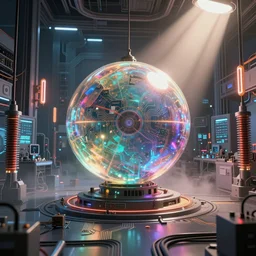 an immaculate volumetric lighting octane redshift render of a beautiful iridescent sphere in a vast modern computing center alchemist's lab with exposed circuit boards, fog, god rays, nixie tubes and tesla coils by Zdzisław Beksiński and beeple, beautiful modern colors, ultradetailed, 4k ultra