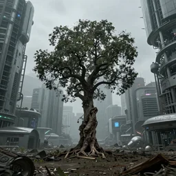 the last tree on earth in the middle of a world overtaken by modern technology, photograph, photorealistic, somber, cinematic, dystopian