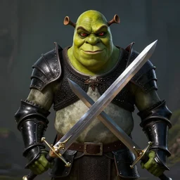 shrek wearing black knights armor evil red eyes two handed sword ominous, highly detailed, ultrarealistic