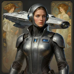A full portrait of a scifi heavy deep space freighter pilot, intricate, elegant, highly detailed, digital painting, artstation, concept art, smooth, sharp focus, illustration, art by Krenz Cushart and Artem Demura and alphonse mucha