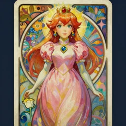 full length painting of princess peach art nouveau, tarot card by mucha, gaudy colors, sharp edges, octane render, intricate linework.
