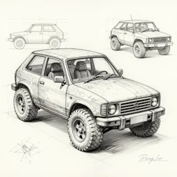 blueprints of a stone age automobile, detailed pencil sketch