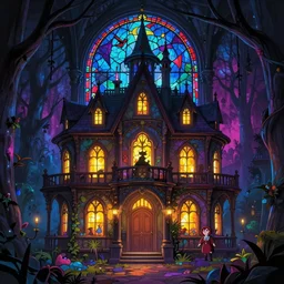 matte painting, haunted mansion, stained glass!! infographic with illustrations!!!, glowing lights, epic fantasy, colorfully, digital art, highly saturated colors, concept art, detailed illustration, hd, 4 k, digital art, greg rutkowski, dan mumford, studio ghibli trending on artstation