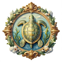 decorative ornamental emblematic shrine of holy turtle god of the sea, acanthus scroll, leaves, classical ornament, ceremonial clouds, dripping paint, fibonacci rhythm, kelp, barnacle, artstation, art germ, wlop, karol bak, christopher balaskas
