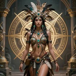 a centered photo of a single alluring mystical tribal goddess adorned with feathers and gemstones and cables and synthesizer parts is surrounded by sacred geometry made from elven architecture, full body, gorgeous, perfect face, powerful, cinematic, beautifully lit, by artgerm, by karol bak, 3 d, trending on artstation, octane render, 8 k