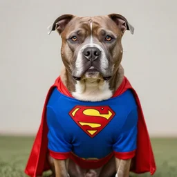 pitbull dog wearing superman suit, hyperrealistic, 8 k resolution, well designed